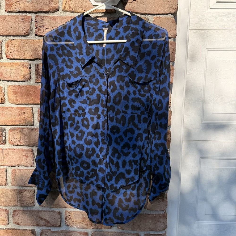 Free People Sheer Hi Low Dark Cobalt Leopard Print Top XS